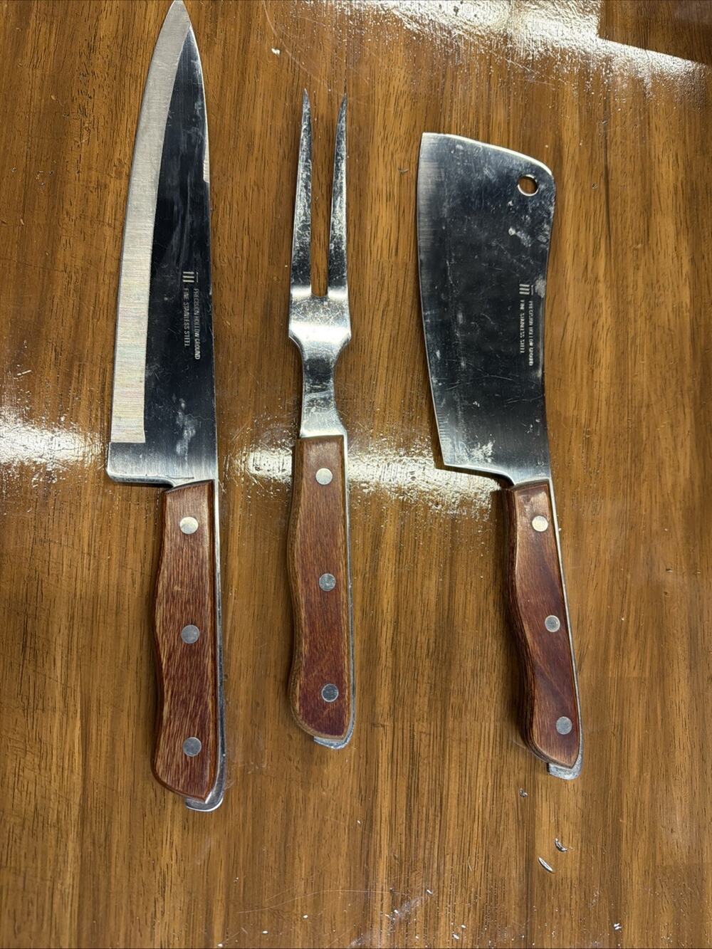 Lot of 3 Precision Hollow Ground Fine Stainless Steel Knives Wooden Handle Japan